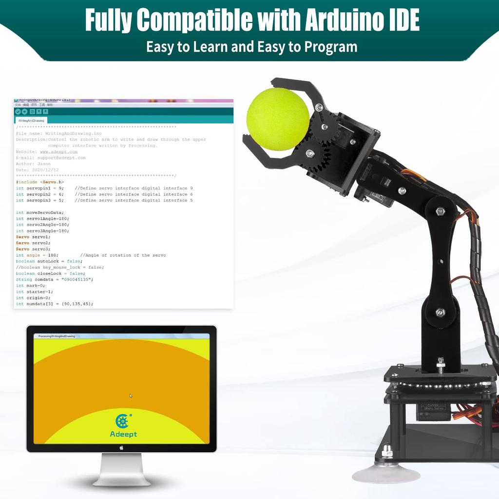 Adeept Robot Arm DIY Robot Kit for STEM Education and OLED Robot Kit for Teens and Arduino IDE Compatible 5-DOF Kit, Learning, Display, Electronics,