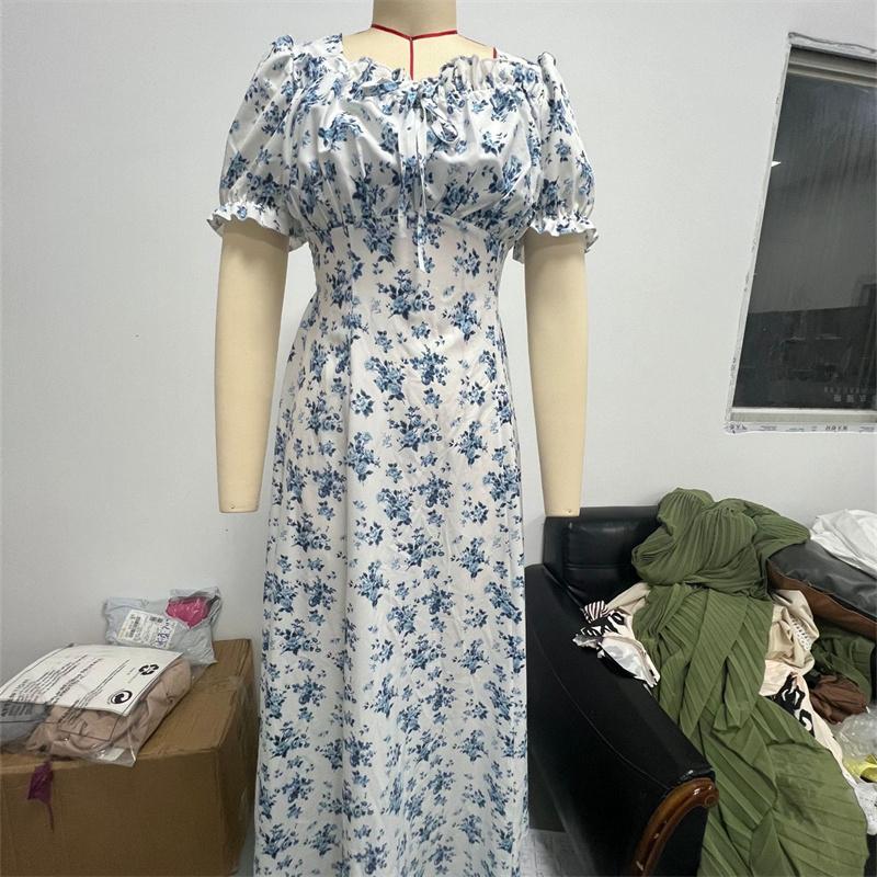 Ruffle Edge Dress Women Puff Sleeves Printed Slim Fit Spring Summer Size S-XXL