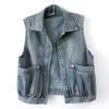 Retro Hong Kong Style Blue Denim Vest Women's Short Spring and Autumn Big Pocket Sleeveless Vest Waistcoat Jacket