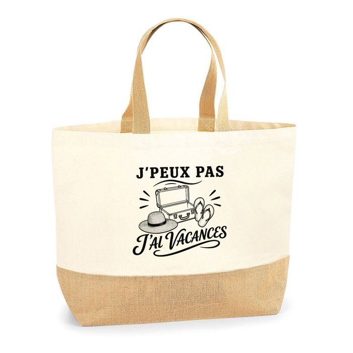 Sac J’peux pas j’ai Vacances J'peux pas minimaliste | Cabas en Coton avec Fond Jute 18 L 48 × 37 × 13 cm | Marché Shopping Plage