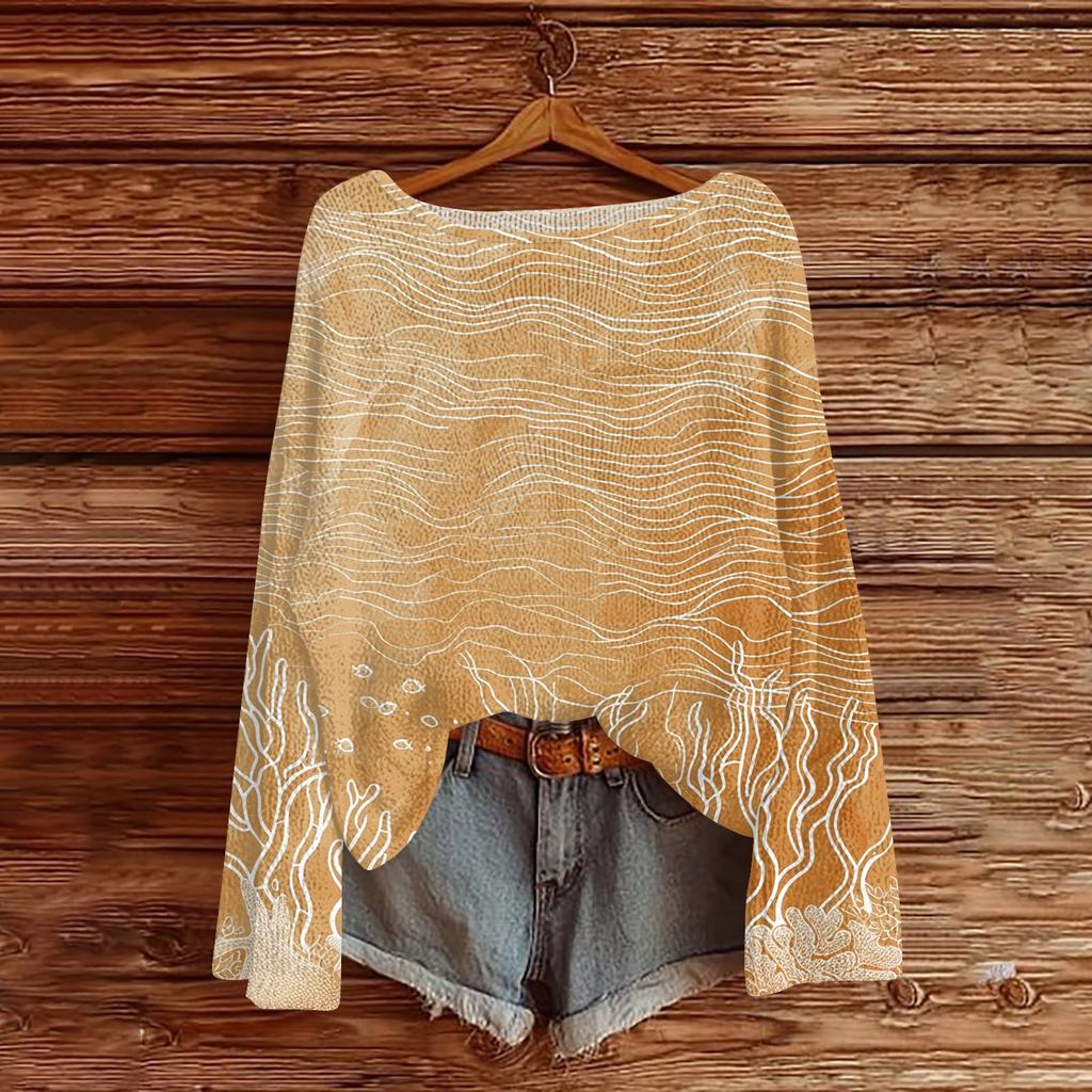 Womens  Fall Sweaters Long Sleeve Print Tops Pullover Sweaters Loose Dressy Casual Basic Clothes