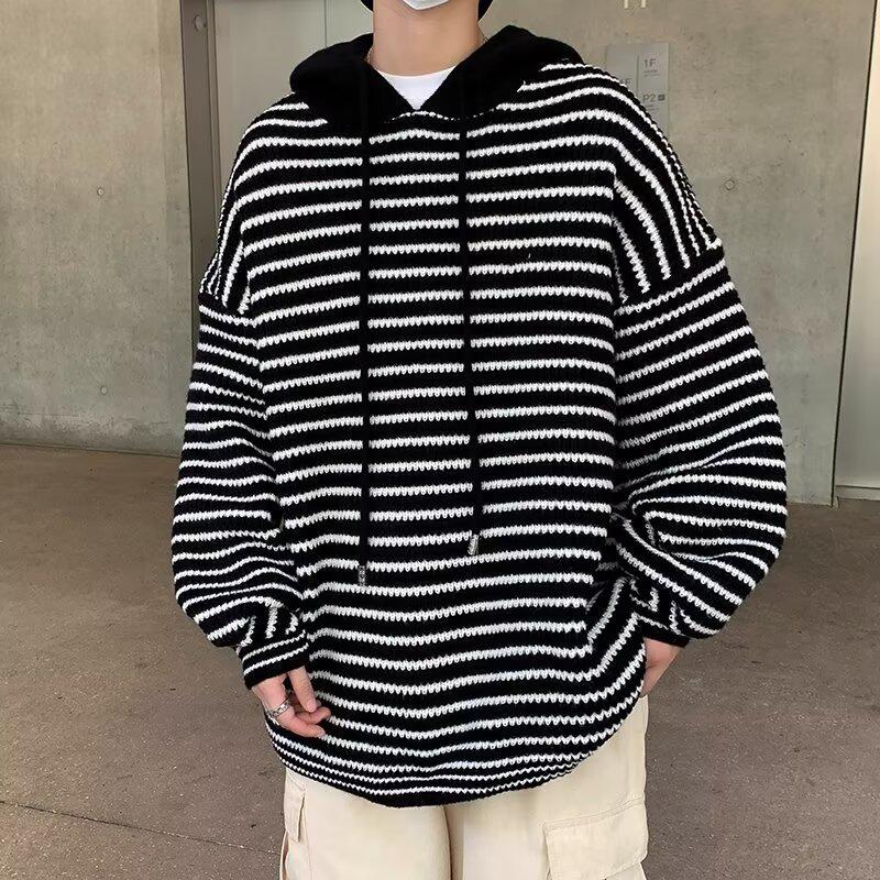 Unisex Striped Hooded Cardigan: Retro Streetwear, Autumn/Winter Cozy Casual Loose Knit for Teens