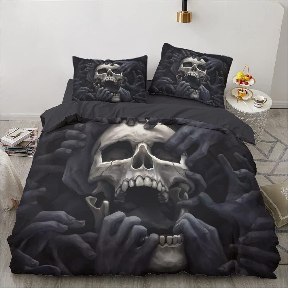 3D printed Gothic skull rose microfiber duvet cover soft and comfortable 3-piece bedding set with zipper and 2 pillowcases