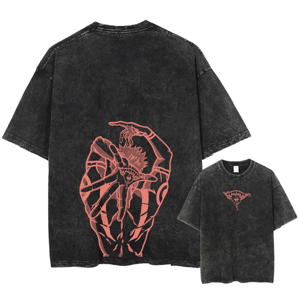 Anime Printed Streetwear Vintage Washed T-shirt Men Harajuku Manga Graphic Print Gojo Acid Wash Tops Tee Shirt