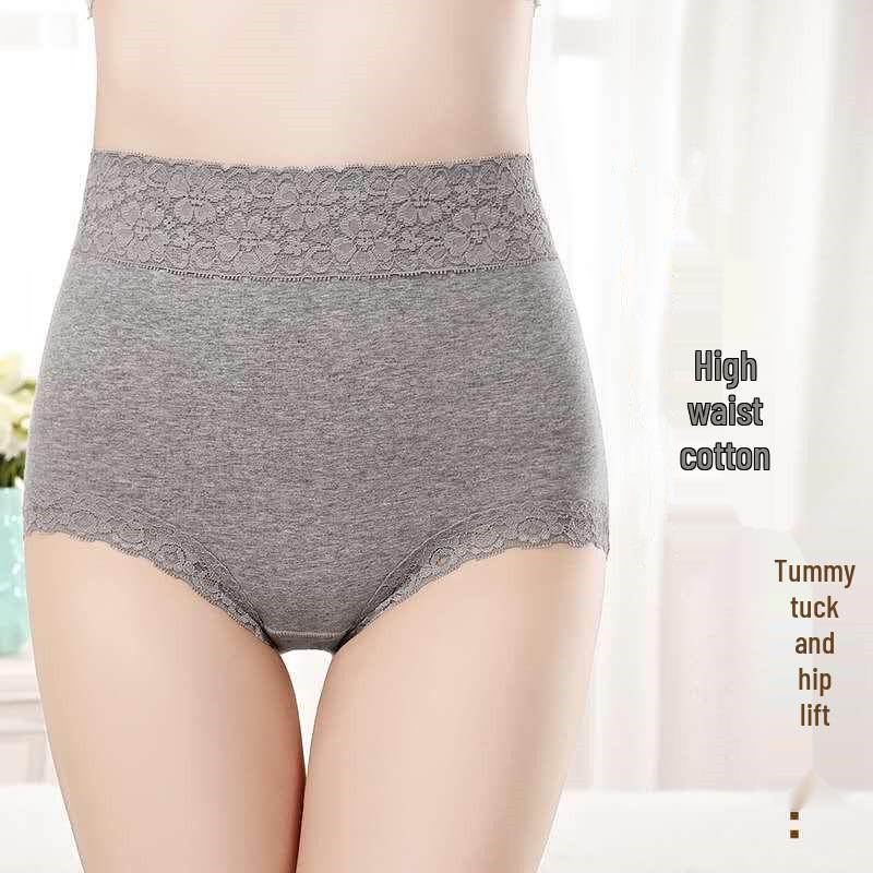 Women's Plus Size High-Waist Breathable Cotton Lace-Trim Tummy Control Panties