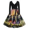 Women's Retro Long Sleeve V-Neck Halloween Witch Print Party Dress