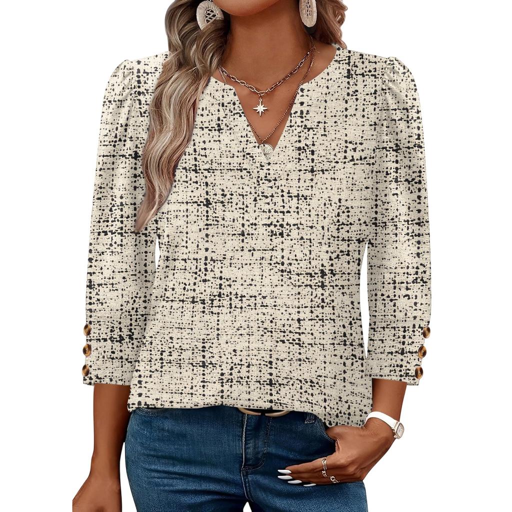 Women V Neck Loose Fit Three Quarter Sleeve Casual Top Button Detail Sleeve Blouse Lightweight Comfortable Fabric