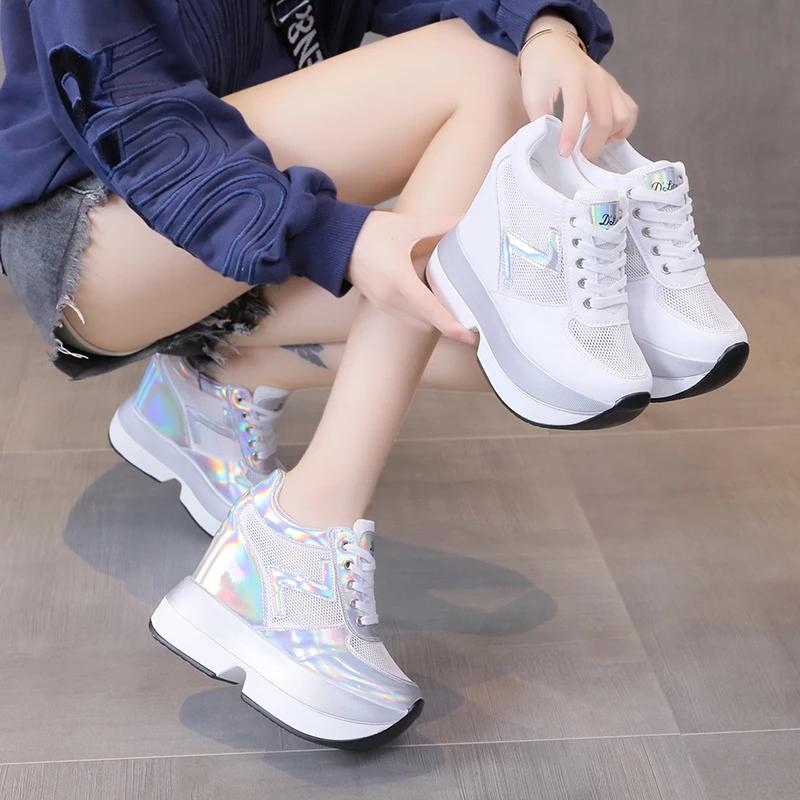 Fashion Spring Breathable Mesh Sneakers Hidden Increasing Sport Shoes 2024 Woman Wedge Casual Chunky Shoes High Platform Shoes 10.5CM