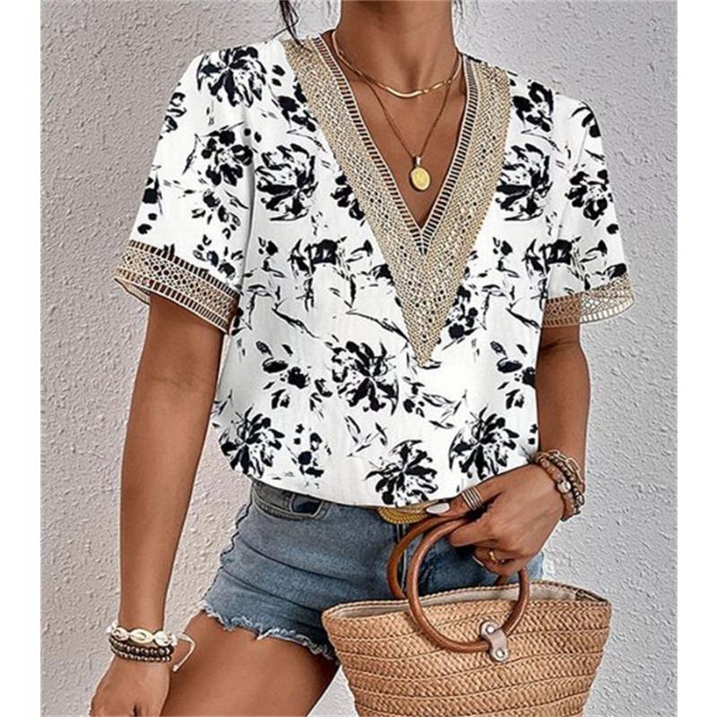 2Wish Women's Collar Lace Loose Top Commuter Short Sleeve Shirt Women's Style
