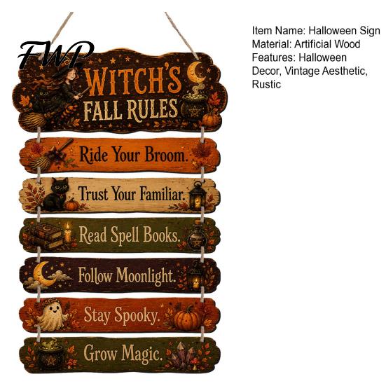 Hanging Wooden Plaque Witch's Fall Rules Sign, Vintage Halloween Wood Wall Rustic Front Door Decor Farmhouse Art for Outdoor Porch Yard, Home Ornament