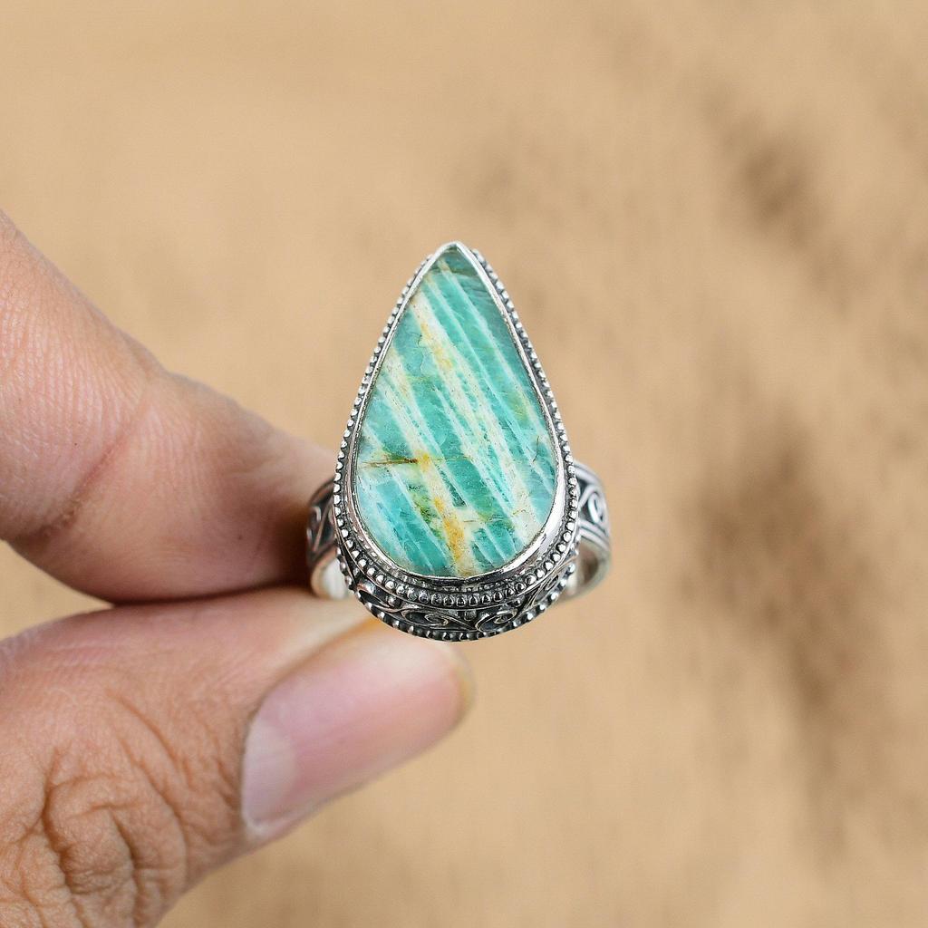 Natural Amazonite Gemstone Multi Stone Ring Size 8.25 925 Silver For Girls