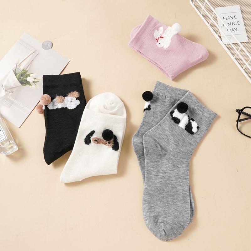 Women's Cute 3D Plush Animal Crew Socks Breathable Cotton Mid-Calf Socks Cartoon Panda Dog Bunny Cat Design Casual Socks for Daily Wear