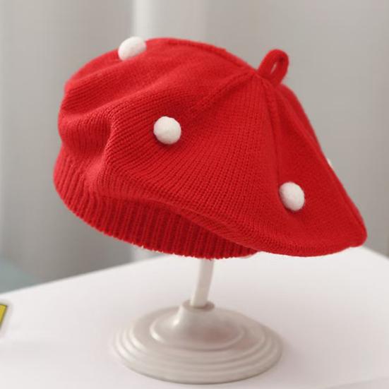 French Style Beret Hat Plush Ball Decor Baby Beret Hat with Anti-Slip Design Elastic Fit Warm Knitting Hat Autumn Winter Headwear