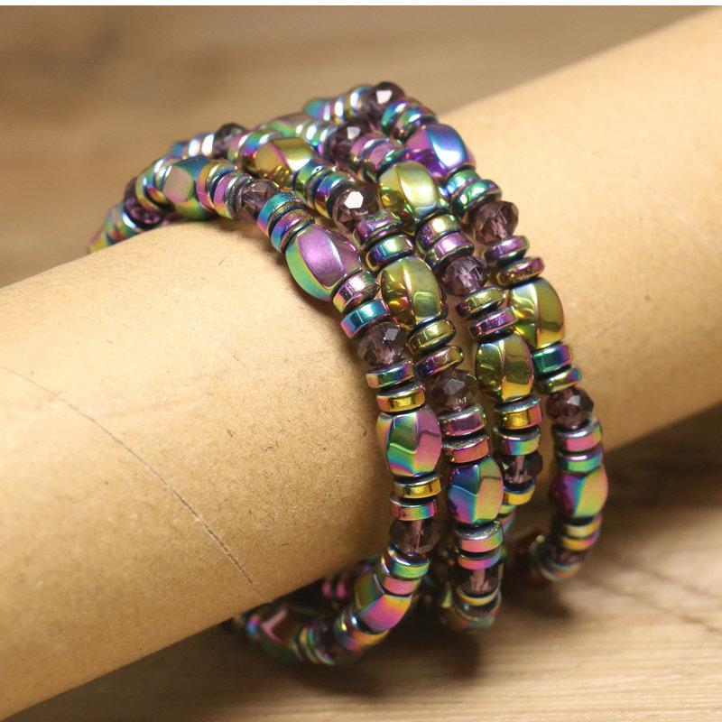 Rainbow Hematite & Crystal Bead Bracelet – Iridescent Boho Jewelry, Energy Balance Gift for Men & Women