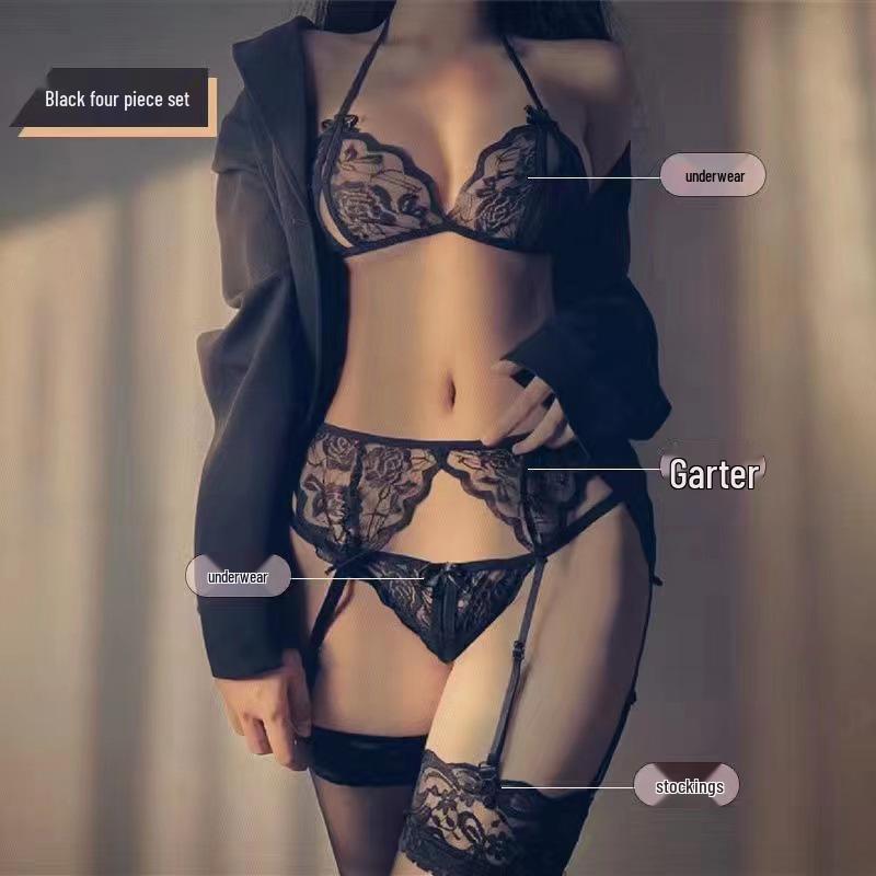 Lace Strap Bodystocking with Open Crotch & Garter Set