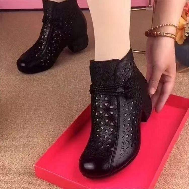 Retro hollow cool boots summer new medium thick heel round head soft leather casual shoes breathable and comfortable short boots