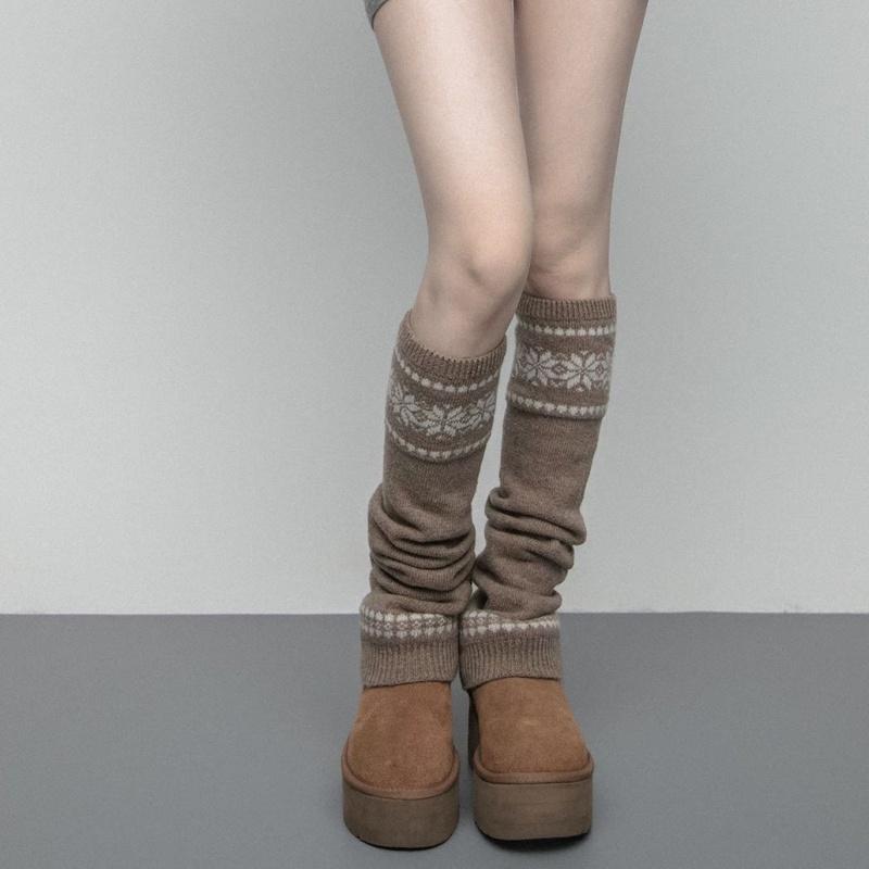 Fair Isle Schneeflockenmuster Gestrickte Beinwärmer Sockenaufsätze Gestrickte Stiefelstulpen Kaltwetter Modeaccessoire