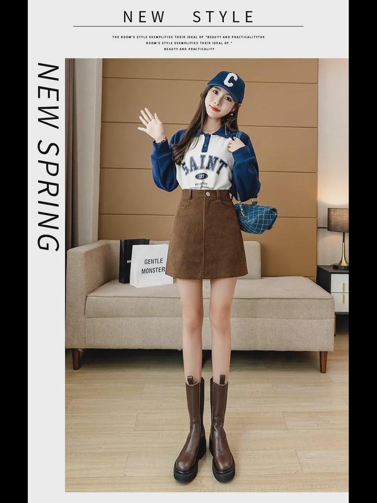 High Waist A-Line Corduroy Skirt - Women's 2023 Autumn/Winter Collection (Korean Style, Coffee Color)