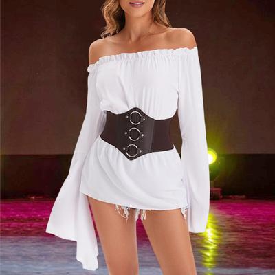 Women Top with Corset Medieval Pirate Off Shoulder Irregular Flared Sleeves Blouse Petal Hem Festival Performance Cosplay Costume