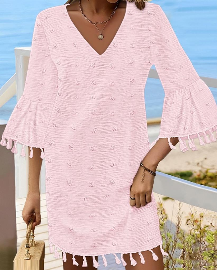 New, spring and summer solid color simple v-neck medium sleeve loose fringed dress women