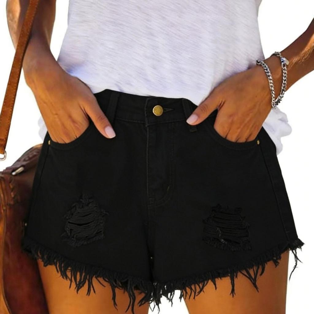 Women's Solid Denim Shorts High Waist Casual Jean Shorts with Frayed Hem and Distressed Detail Non-Stretch Fabric Summer Bottoms