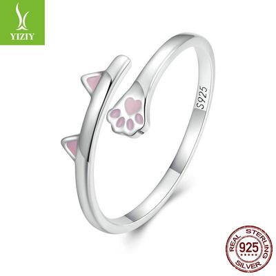 Ziyun S925 Silver Cat Open Ring with Pink Heart and Paw Print Design BSR316