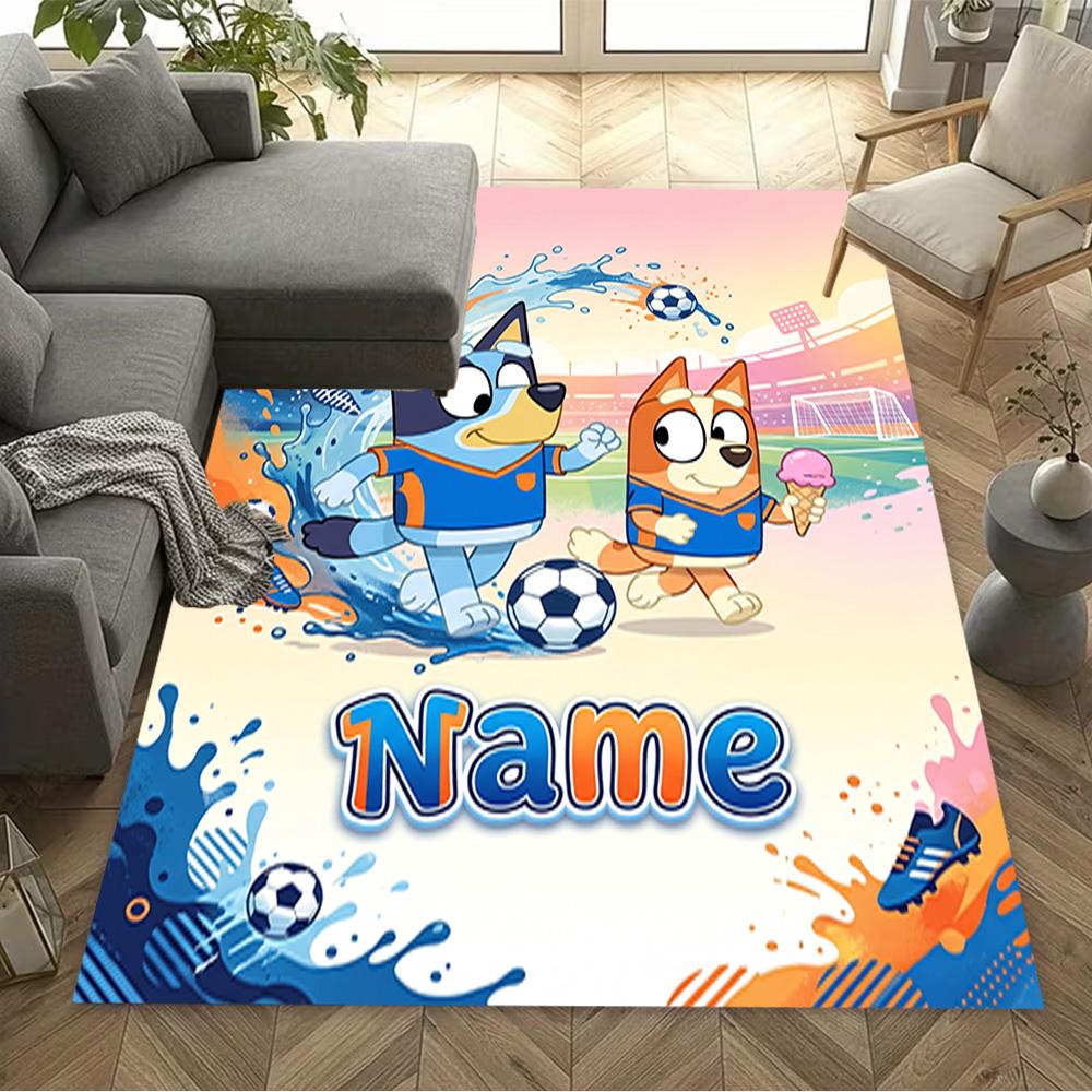 Bluey's Soccer Fun Customized Name Floor Mat Perfect for Study room Foyer Decorate room Playrooms Anti-slip Rug Decorate Offices