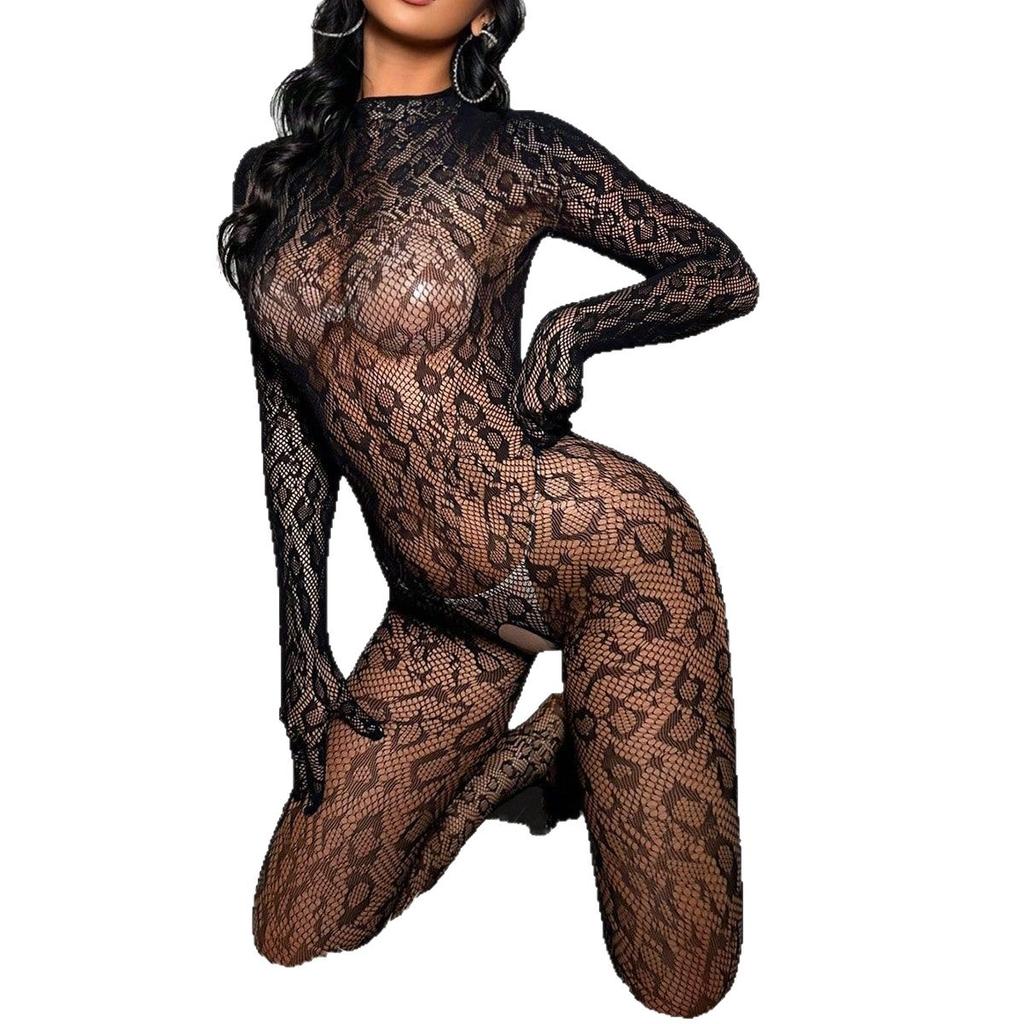 Foreign trade big leopard print erotic underwear open mesh clothes sexy pajamas long sleeves backless one-piece tights