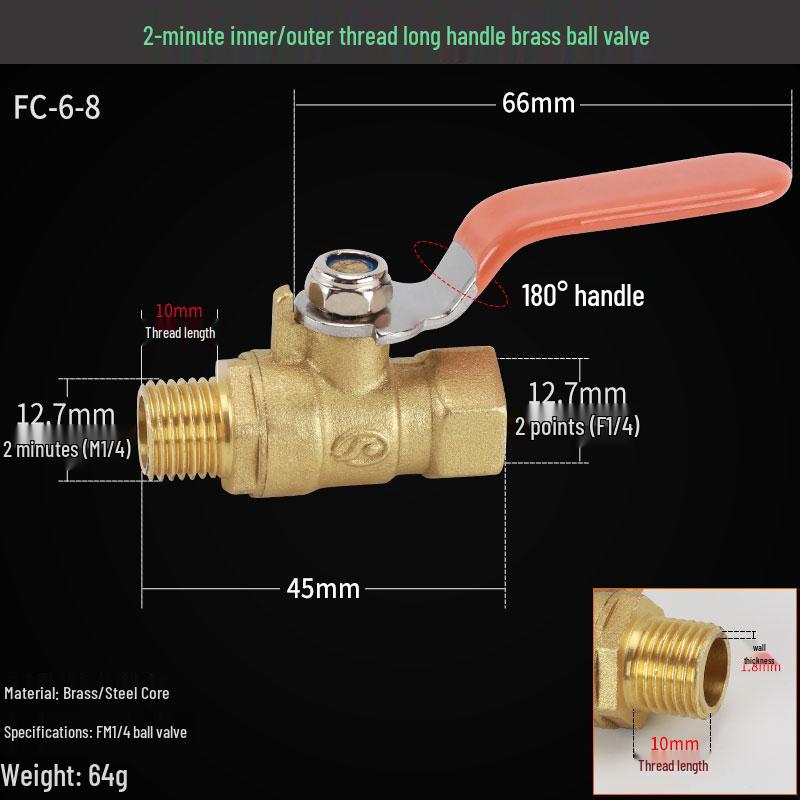 Copper Ball Valve, Female to Male, Multiple Thread Sizes, Quick Open Long Handle for Tap Water Pipe.