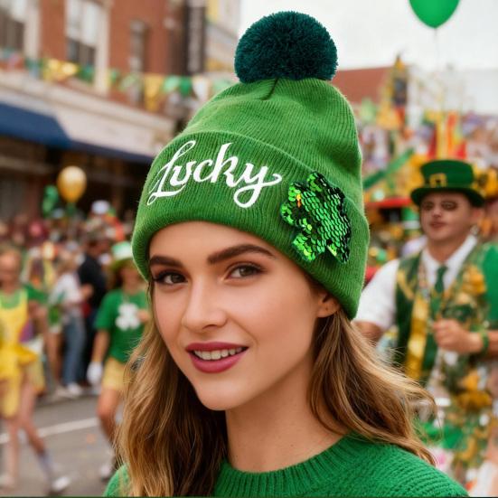 St. Patrick's Day Shamrock Hat Irish Cuffed Pom Knit Hat Green Sequins Clover Skull Cap for Women Men Party Costume Accessory