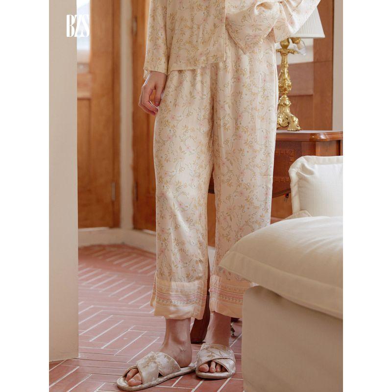 24 New Peter Pan Collar Women's Rayon Satin Floral Print Pajamas Suit Long Sleeves Pants Can Be Outerwear Homewear