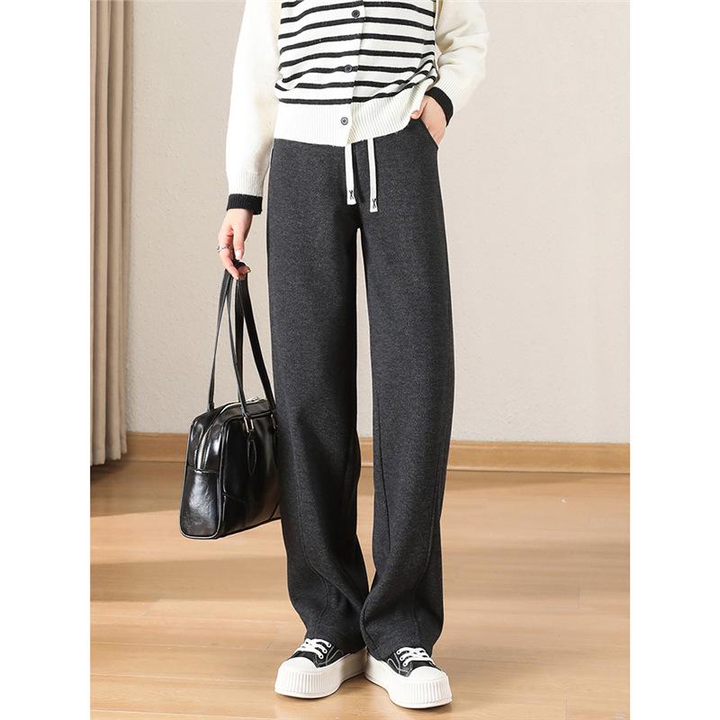 Oatmeal Herringbone Fleece Wide-Leg Pants for Women - Autumn/Winter Slim Fit