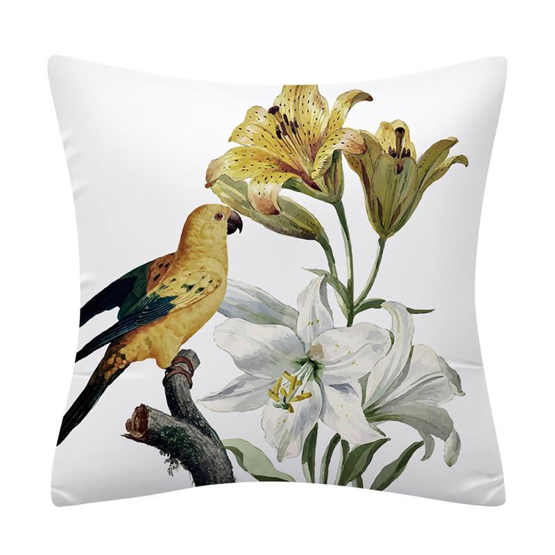 Colorful Plant Flower and Bird Print Pattern Polyester Cushion Cover for Home Living Room Sofa Bedroom Decorative Pillowcase
