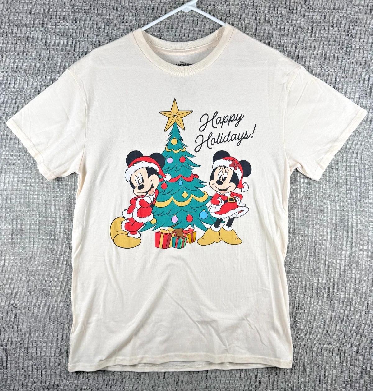 

Size M - Disney Mickey Minnie Mouse Happy Holidays XMas Graphic T-Shirt Ivory L