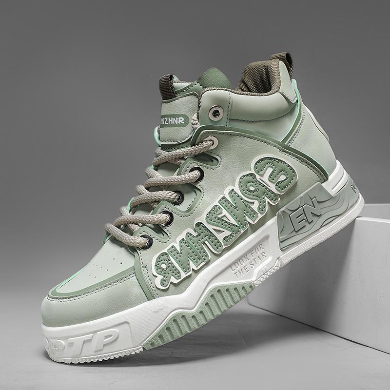 Mens Skate Shoes Flat High-top Leather Comfortable Outdoor Walking Casual Footwear Trendy High-top Lace-up Tennis Sneakers Man