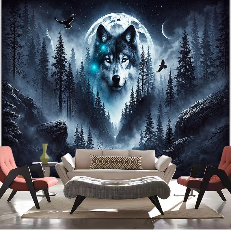 Wolf Moon Tapestry, Majestic Wolf with Glowing Eyes In Pine Forest, Full Moon Night Scene Wall Hanging for Bedroom Living Deco