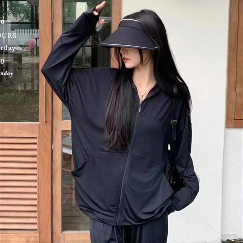 Summer Women Ice Silk Solid Sun Protection Jacket Thin Fashion Zipper Hooded Coat Versatile Loose-Fit Breathable Cardigan