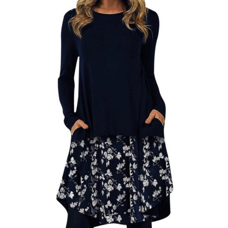 Lady Warm Long Sleeve Autumn Dress Trendy Casual Geometric Pattern Work Dress