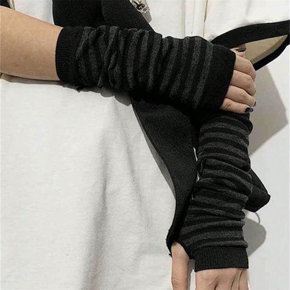 Arm Cover Fingerless Long Glove Striped Cool Stretch Gloves Women Girls Elbow Mitten Winter Season