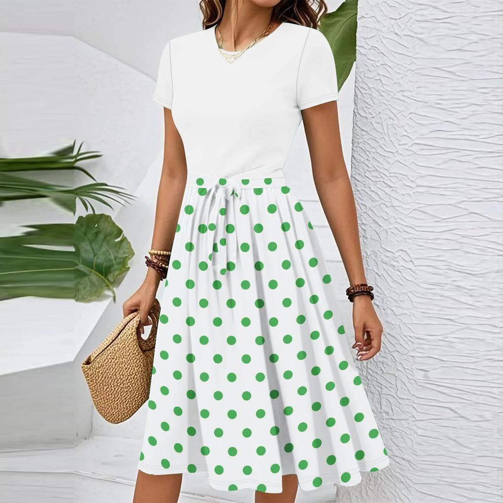 Women's Casual Fashion Belted Dot Printed Short Sleeve Round Neck Elegant Flowing Dress