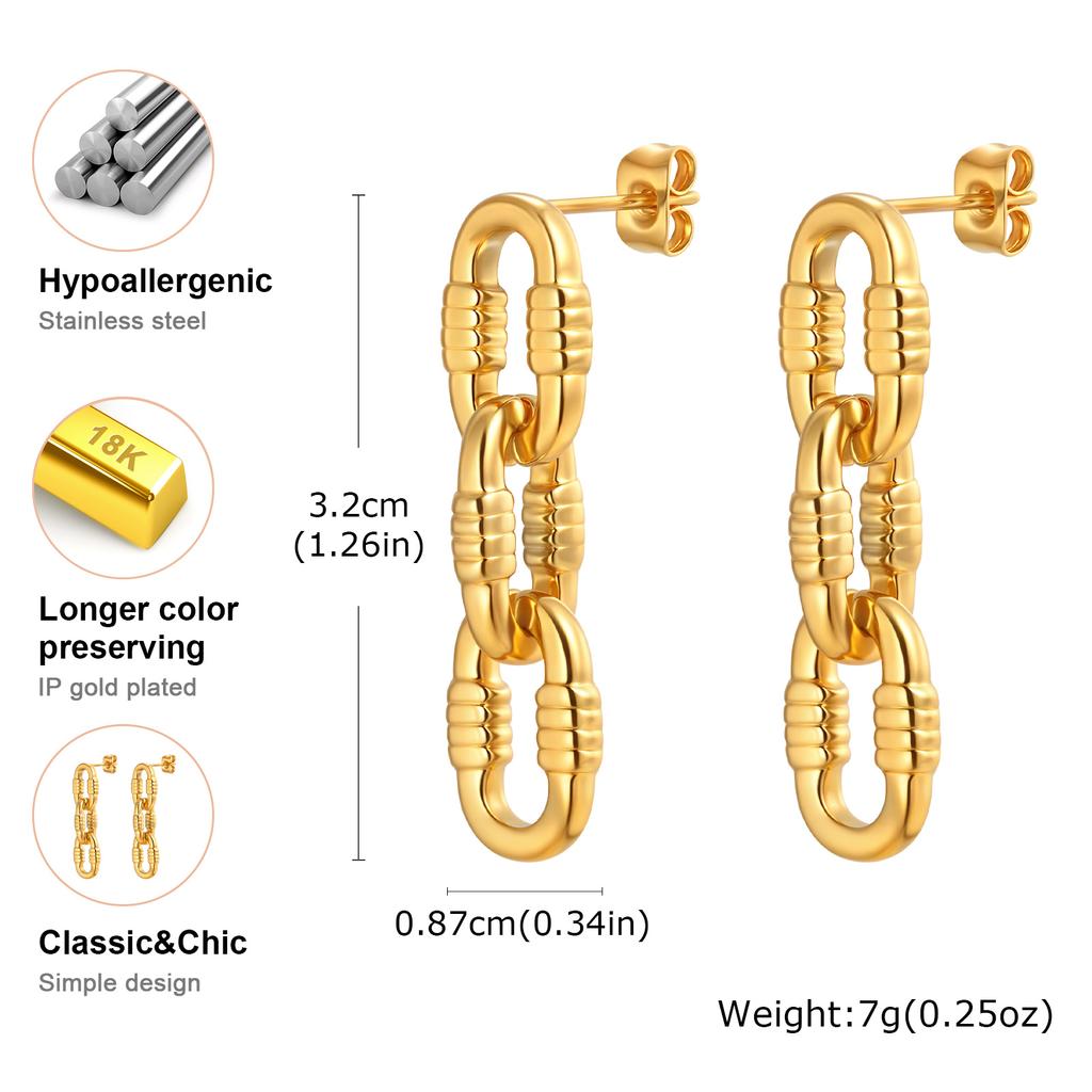 Stainless Steel 3-section Oval Chain Earrings for Women,Gold Plated Geometric Earrings,Punk Party Jewelry Gift