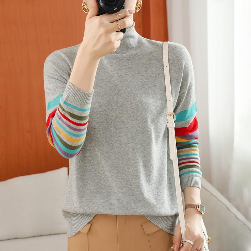 

Свитер с полосками и контрастной хлопковой нитью с полувысоким воротником, весенне-осенний стиль, приталенный и стильный вязаный свитер-топ XXL