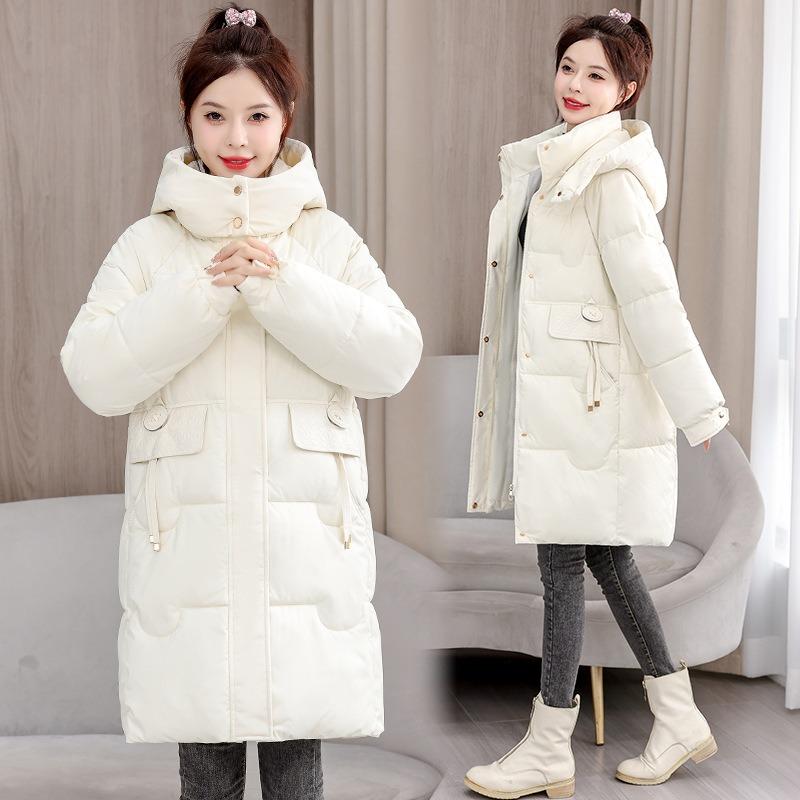 Neue Daunen-Baumwolljacke Damen mittel und lang mit Kapuze verdickt kältefest modisch temperamentvoll Winter warm Baumwolljacke