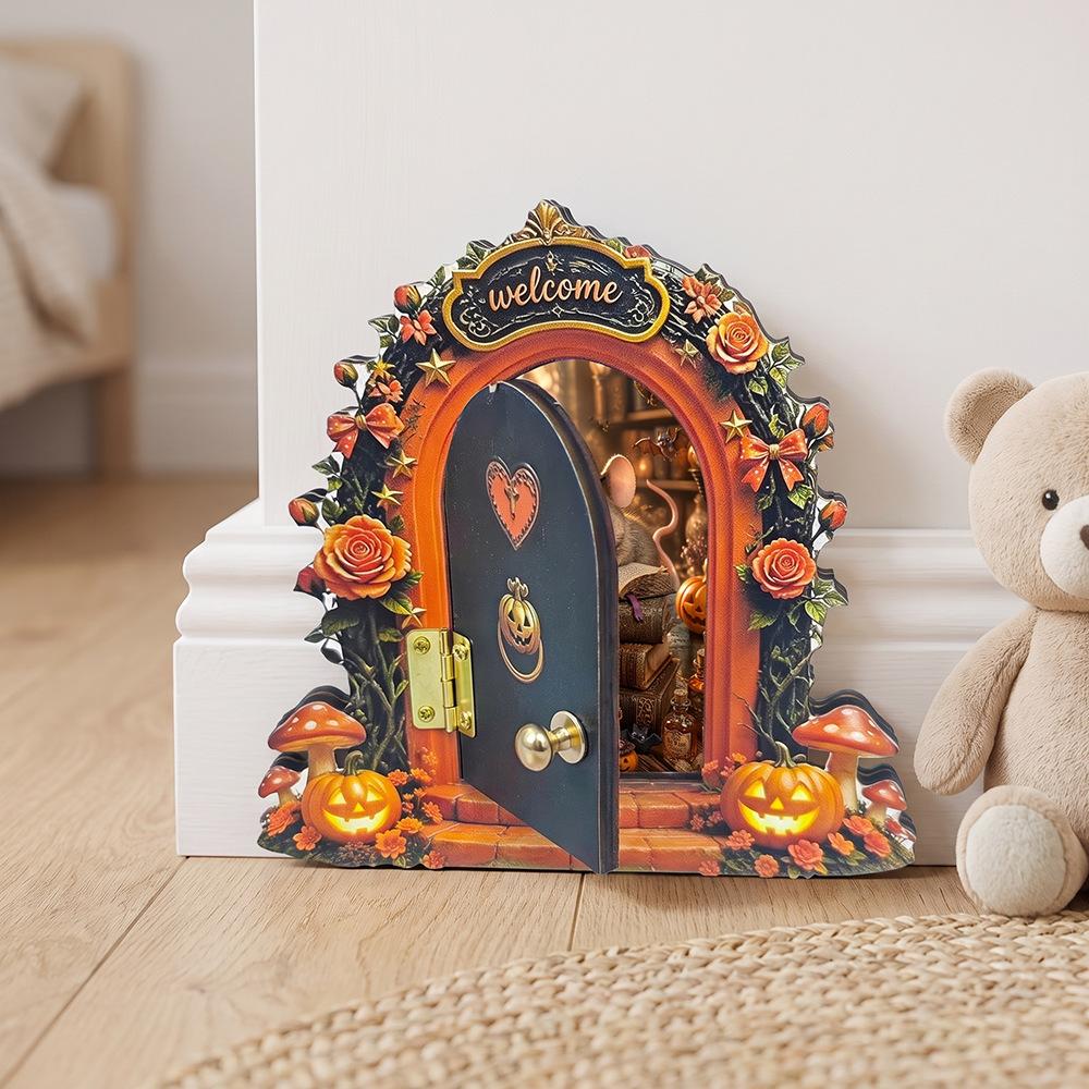 Halloween Fairy Tale Style Pumpkin Rose Mouse Hole Double-layer Wooden Board Home Wall Decoration Item Hanger Ornament