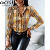 QICED Women's Fashion Casual Solid Color Print Long Sleeve POLO Neck Blouses & Shirts