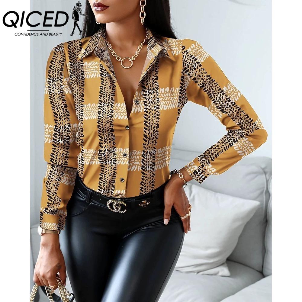 QICED Women's Fashion Casual Solid Color Print Long Sleeve POLO Neck Blouses & Shirts