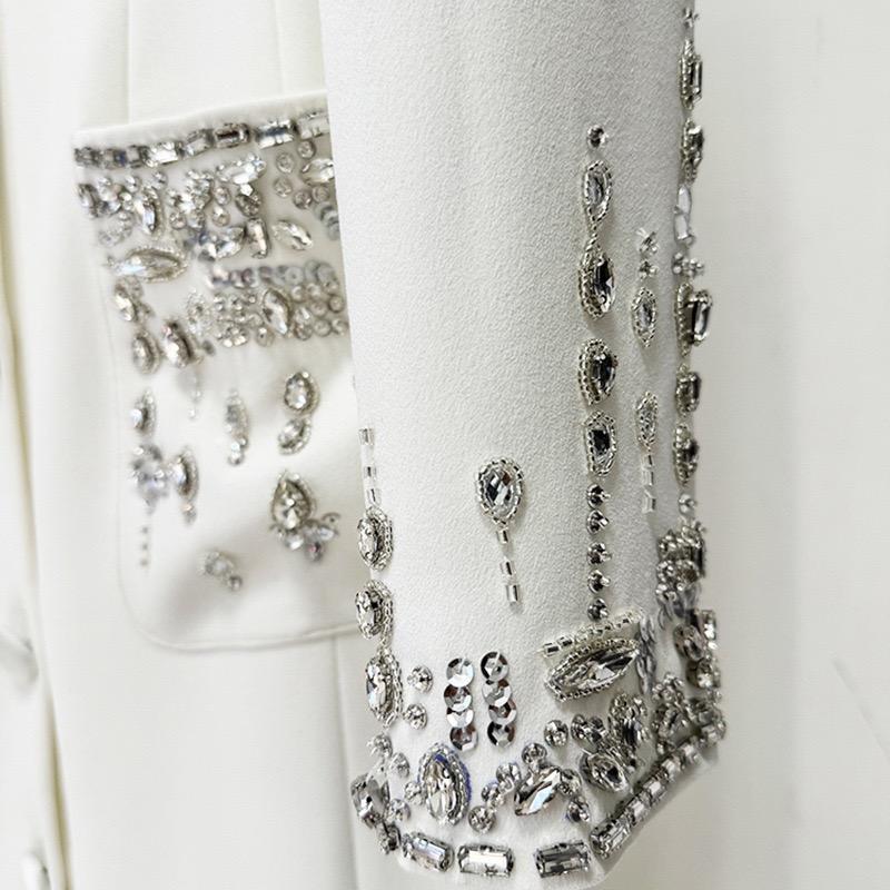 High Street Newest Designer Fashion Women's Long Sleeve Notched Collar Rhinestone Diamonds Beading Maxi Long Dress