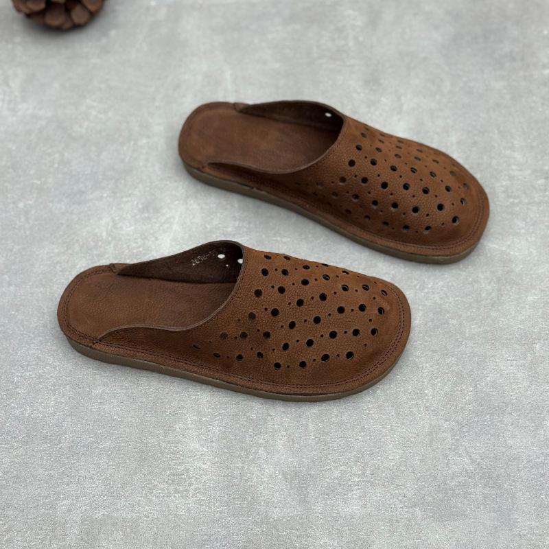 Johnature Handmade Cowhide Slippers Round Toe Flat Hollow-out Breathable Genuine Leather Slides