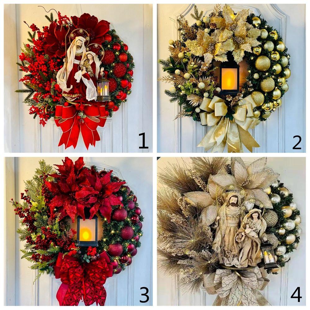 New Year with Lights Christmas Tree Wreath Front Door Sacred Christmas Wreath Jesus Door Hanging Ornaments Wall Decorations