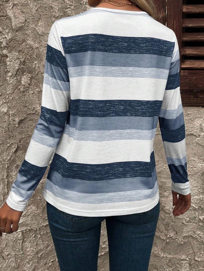 European & American V-Neck Striped Long Sleeve Women's Casual T-shirt